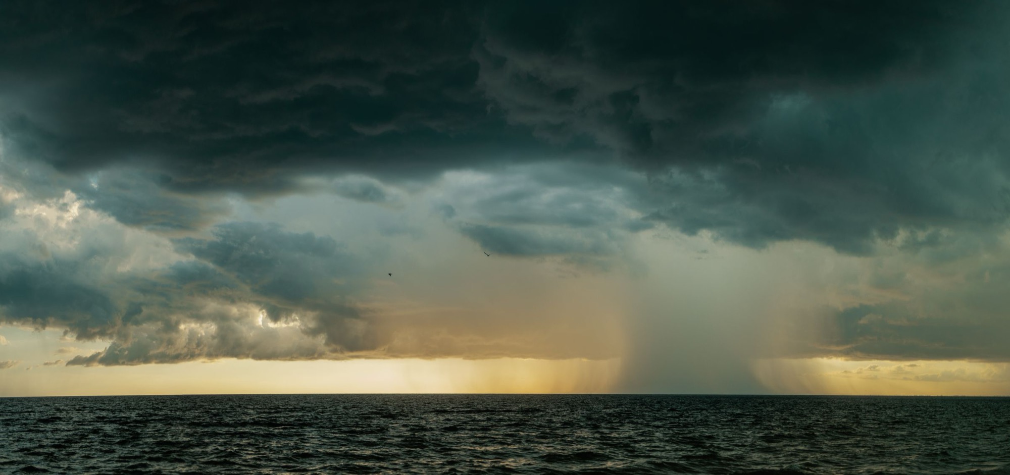 Rain falling in columns from a dark storm cell over the ocean at sunset
